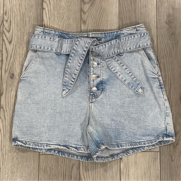 Express Super High Rise Midi Denim Shorts Women’s Size 6 R Mom Jean Belted Jorts - Picture 2 of 13